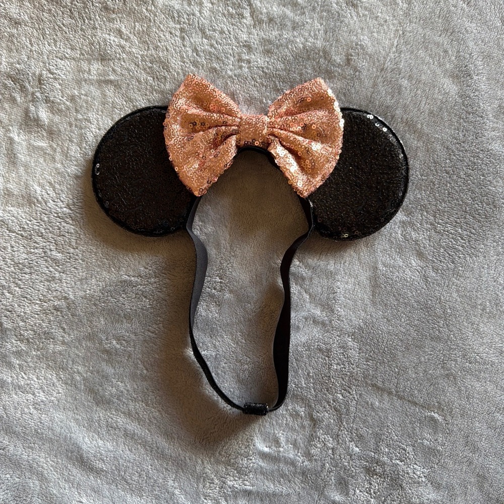 Black Sequin Mouse Ears Headband Rose Gold Sequin Bow Disney Inspired - K594